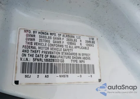 2002 Honda Odyssey Ex z USA, uszkodzony, nr VIN 5FNRL18682B003133